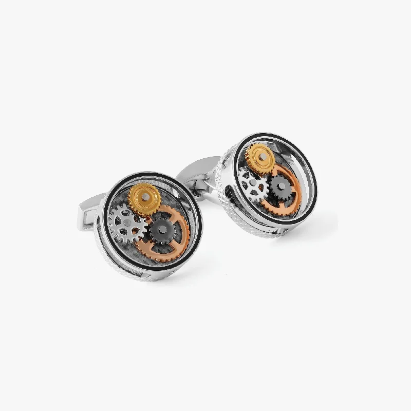 trendy bracelets for women -Round Carbon Gear Cufflinks in Palladium Plated