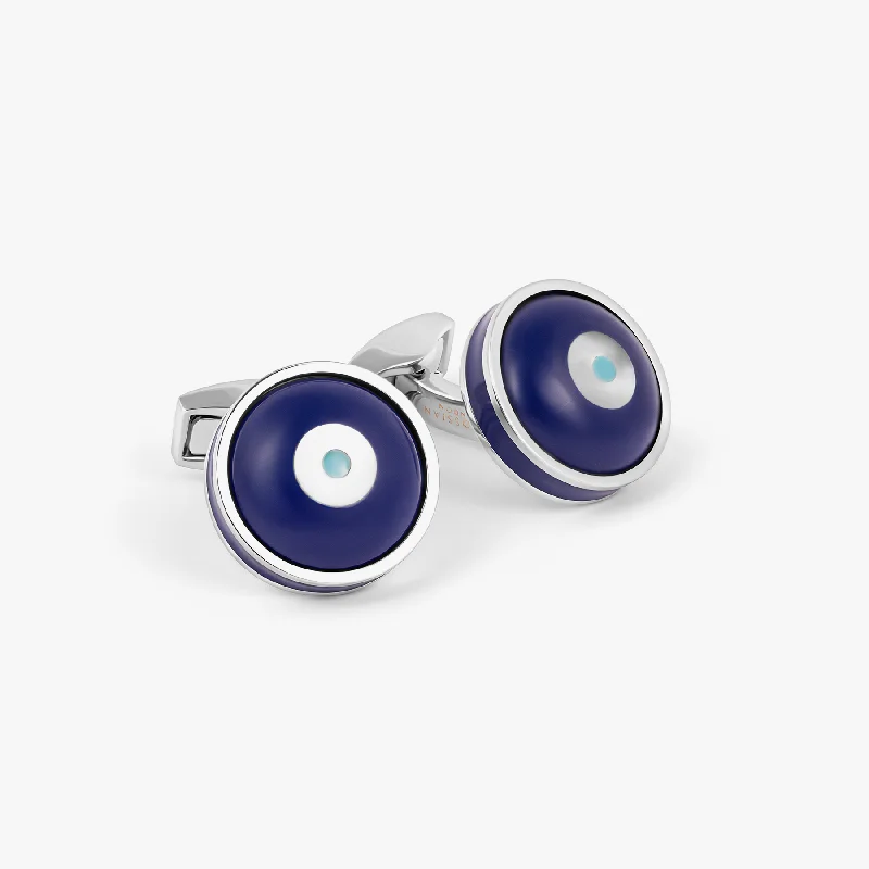 silver bangles for bridal wear -Milos Evil Eye Cufflinks in Blue Resin & White Mother of Pearl