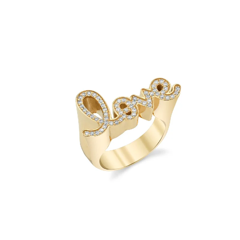 double stone rings -Gold & Diamond Love Script Block Signet Ring