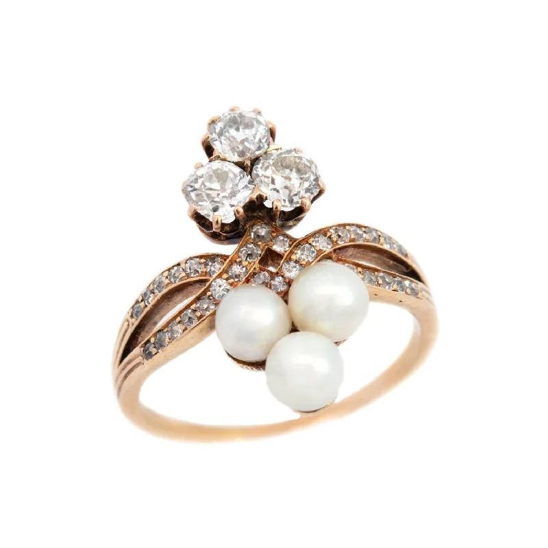 pearl rings for women -Victorian 14k Diamond and Pearl Double Trefoil Ring