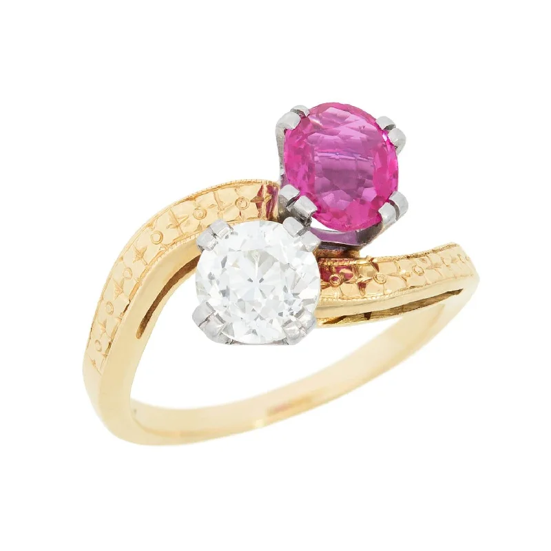 minimalist rings for women -Edwardian 14k/Platinum Diamond and Ruby Moi Et Toi Ring