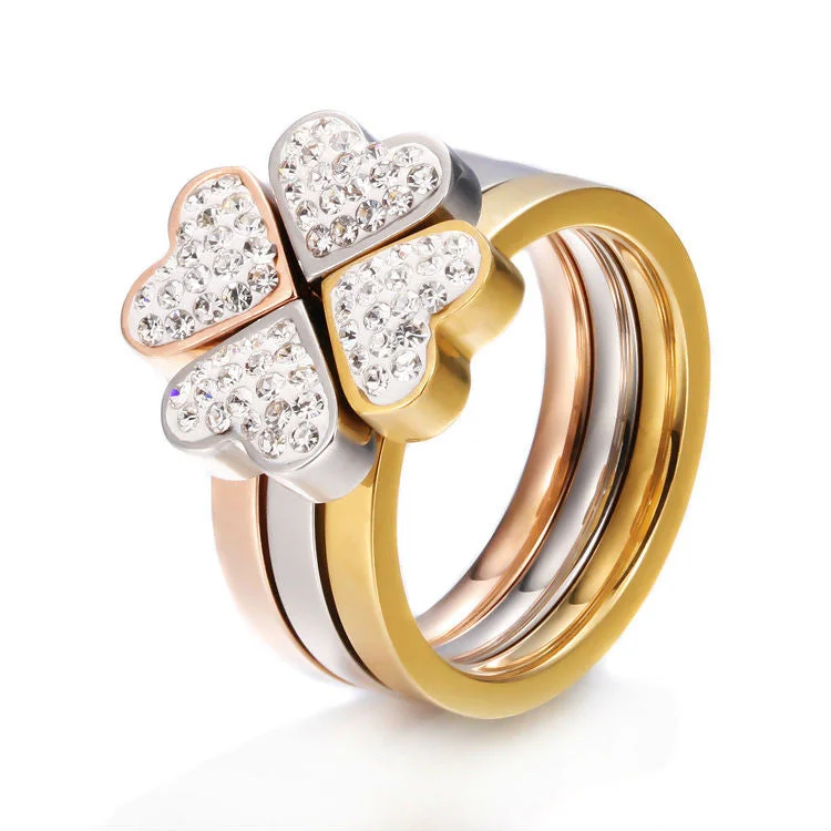 halo engagement rings for women -PUR004 high quality wholesale  rose gold color jewelry clover three in one ring