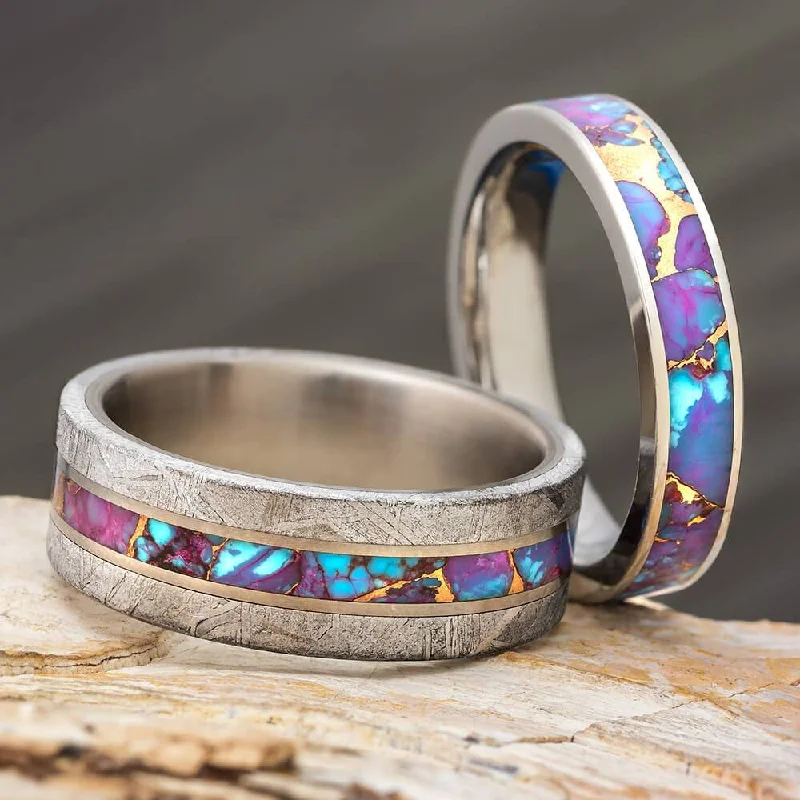 polished gold rings for women -Coordinating Purple Rings With Turquoise & Meteorite