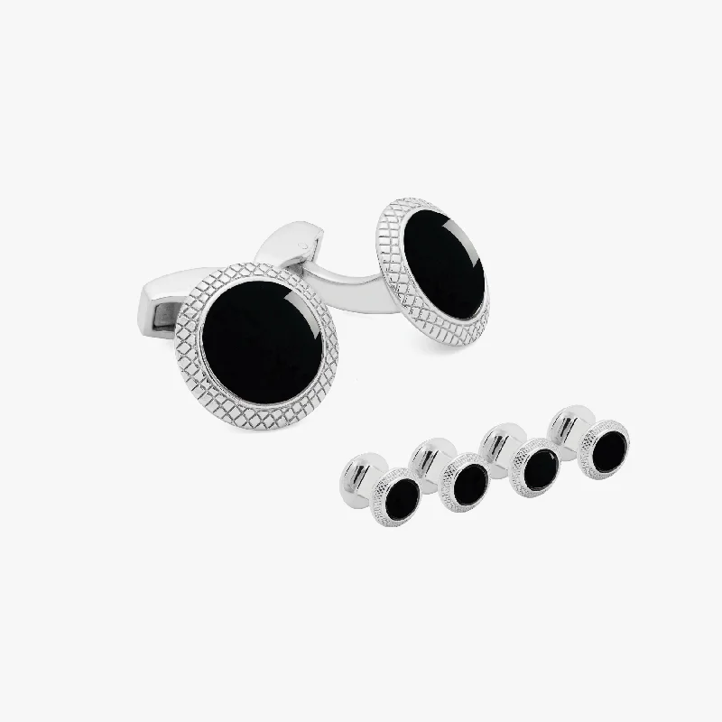 stackable bangle sets -Bullseye Cufflinks And Studs Set With Black Onyx