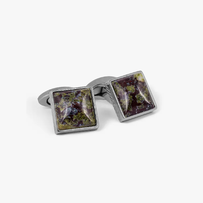 carved bracelets for women -Titanium Classic Cufflinks with Green & Brown Forest Stone