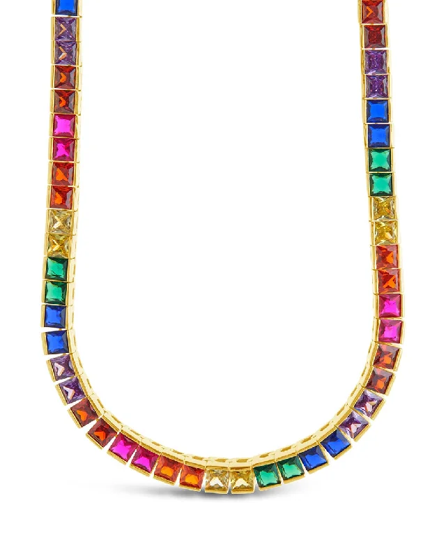 handcrafted necklaces for women -Rainbow Square CZ Tennis Necklace