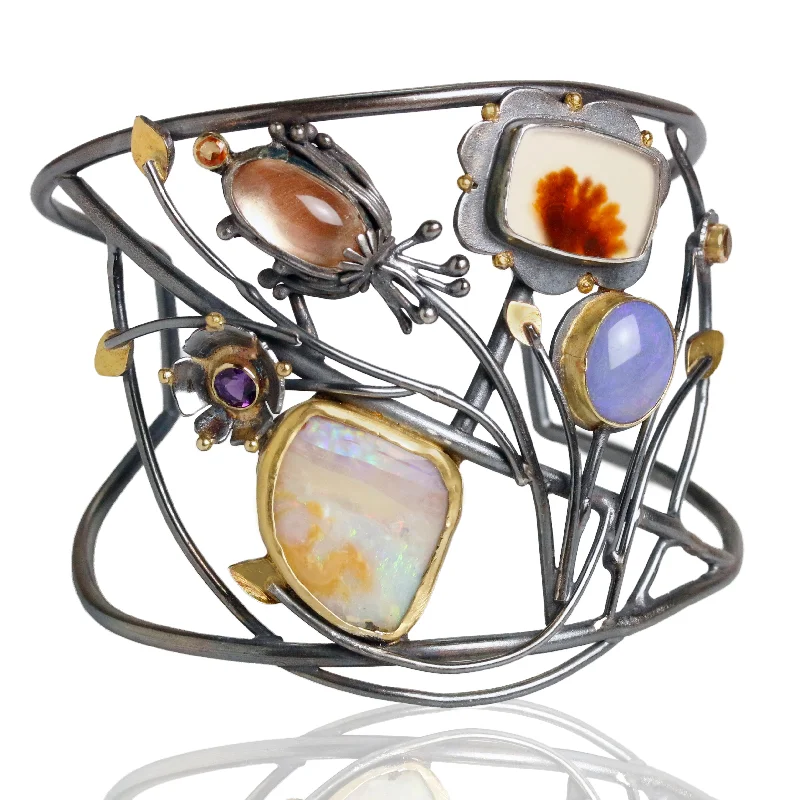 chic bangles for women -Boulder Opal and Oregon Sunstone Flower Spray Cuff