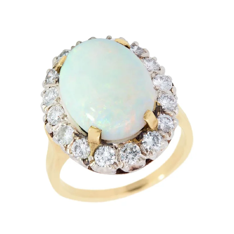 luxury diamond rings -Retro 14k/Platinum Opal and Diamond Halo Ring