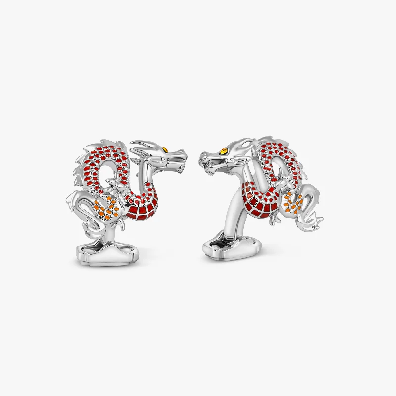 statement bangles for women -Year of the Dragon Cufflinks in White Bronze Plated with Red & Orange Enamel