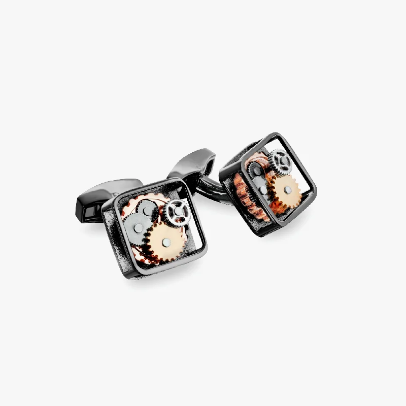 luxury fashion bracelets -Square Gear Cufflinks In Black Gunmetal Plated