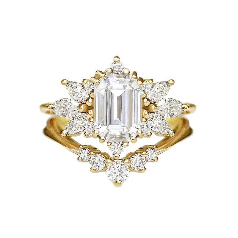 flower rings for women -Emerald cut Diamond, Wedding Two Rings Set