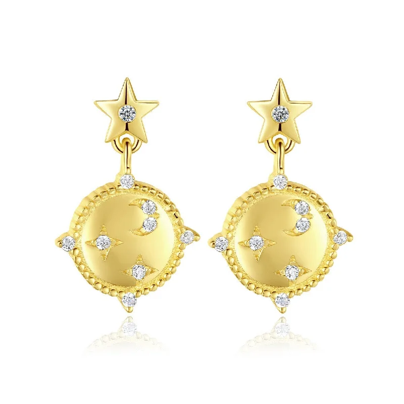 vintage drop earrings -Celestial Star Studded Diamond and Moon Drop Gold Earrings