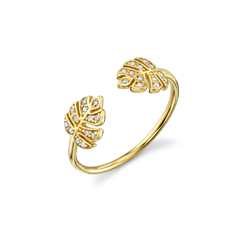 eternity rings for women -Gold & Diamond Tiny Double Monstera Leaf Ring