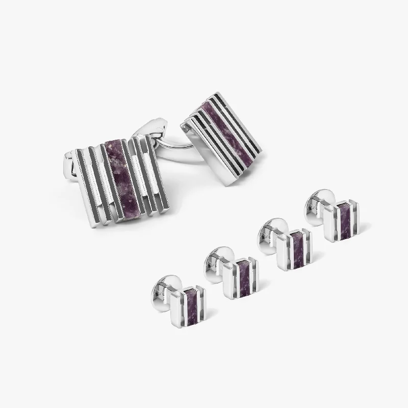 bridal bangles for women -THOMPSON Stripe Grille Cufflink and Shirt Studs in Palladium Plated with Amethyst