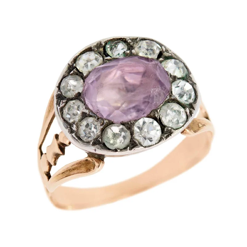 zodiac rings for women -Georgian 12k Pink Amethyst and White Paste Halo Ring