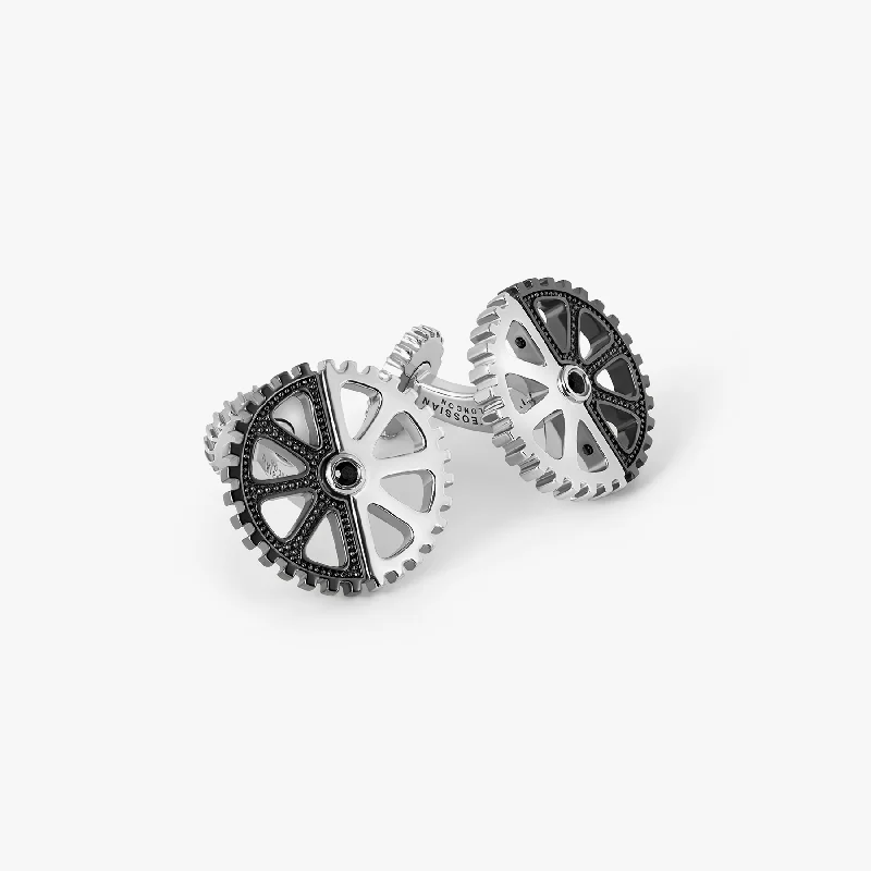 elegant tennis bangles -Puzzle Gear Cufflinks in Black Rhodium and Rhodium Plated Silver with Black Spinel