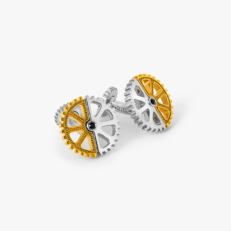 romantic bracelets for her -Puzzle Gear Cufflinks in Rhodium and Yellow Gold Plated with Black Spinel