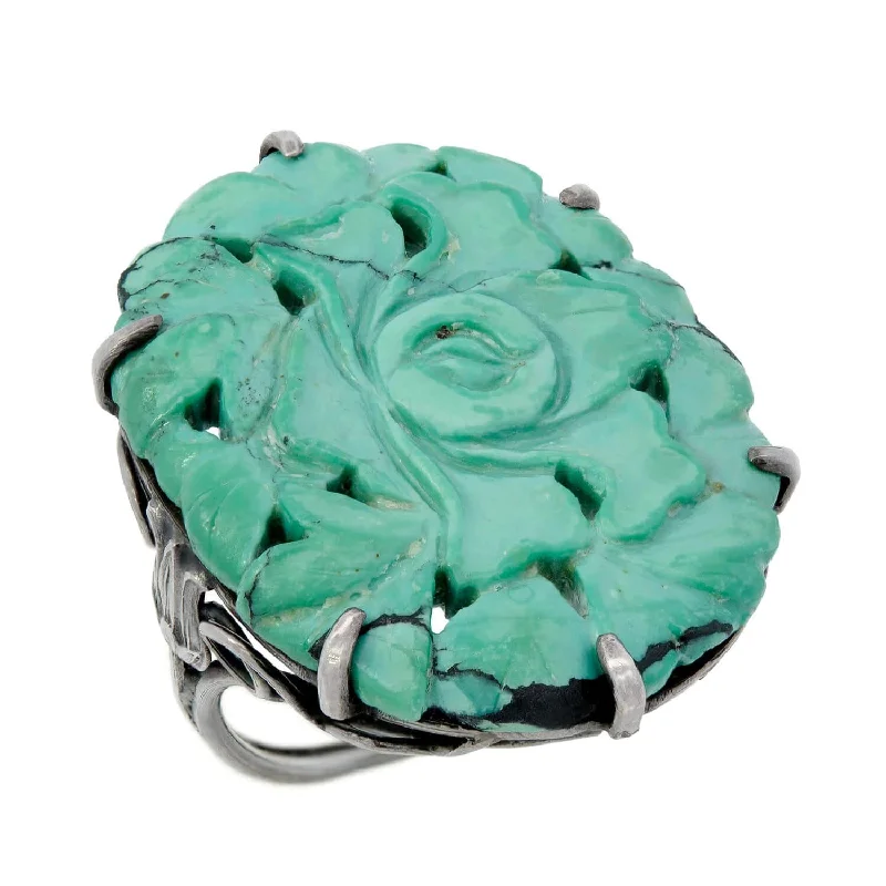 classic wedding rings for women -Edwardian Sterling Silver Chinese Carved Turquoise Ring