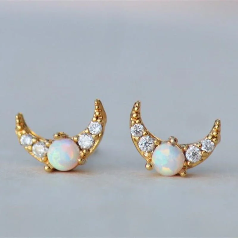 evening wear earrings for women -Opal and Gold Moon Stud Earrings