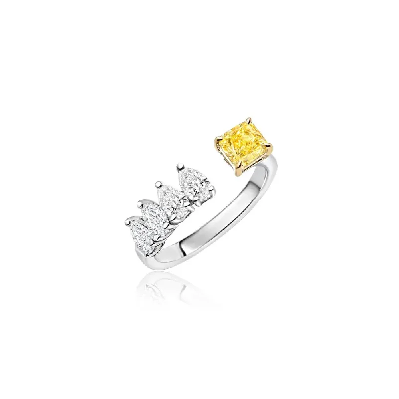 gold rings for women -Yellow and White Gold Open Ring with Yellow Diamond & Pear Diamonds