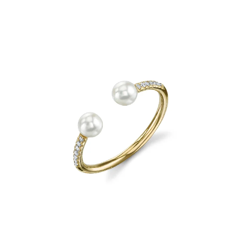 emerald rings for women -Gold & Pavé Diamond Double Pearl Ring