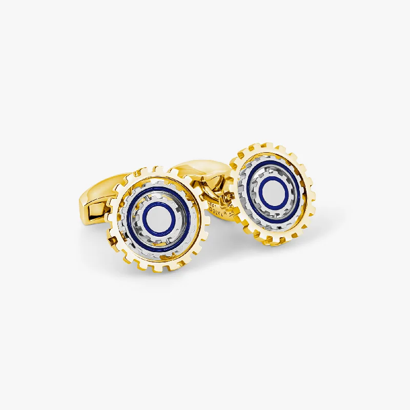 wedding bangles for women -Orbit Gear Cufflinks in Yellow Gold Plated & Blue Enamel