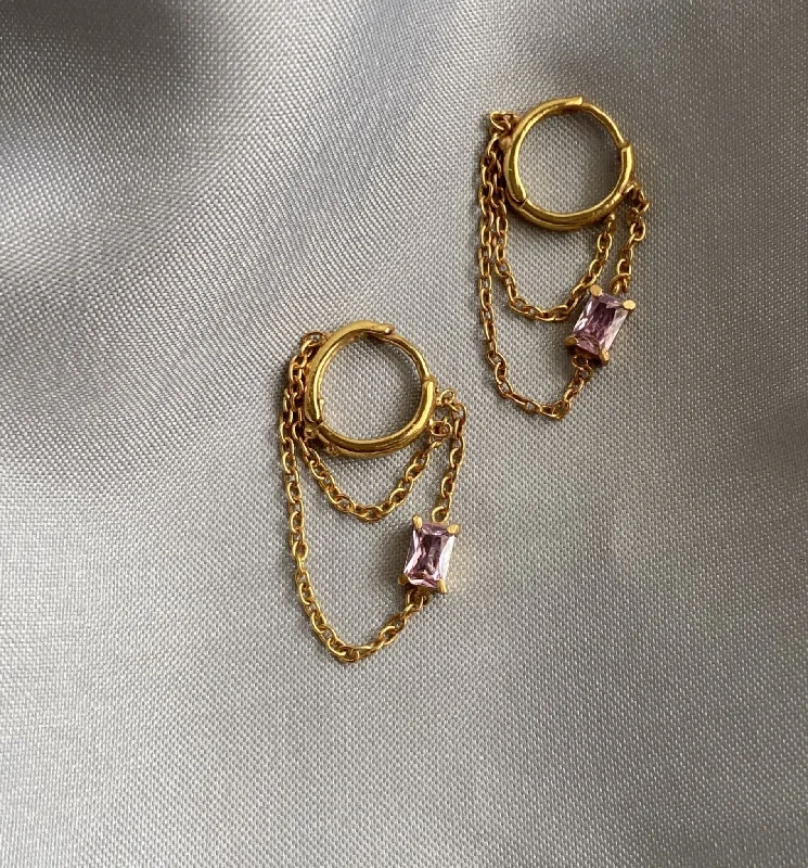 custom engraved earrings -Baguette Chain Huggies