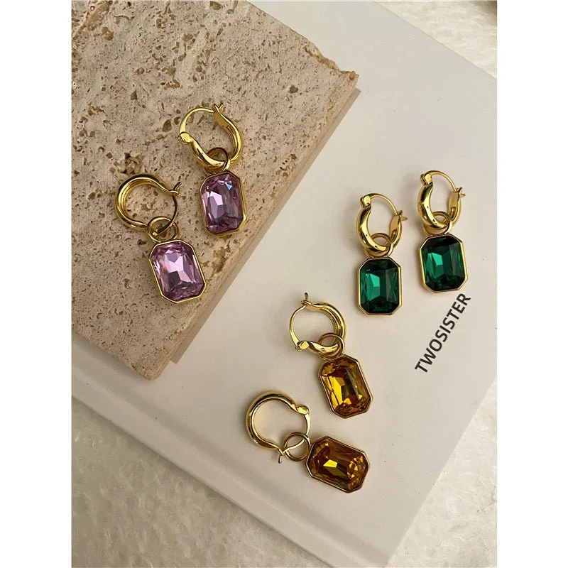 artistic earrings for women -French Pastoral Brass Color Stone Earrings