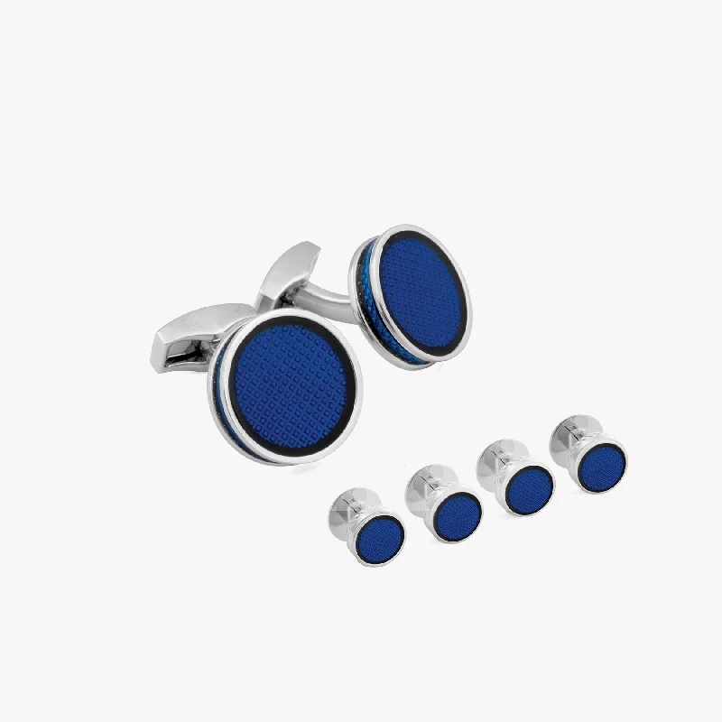 round bangles for women -Tablet Ice Round Cufflink and Shirt Studs in Palladium Plated with Blue Enamel