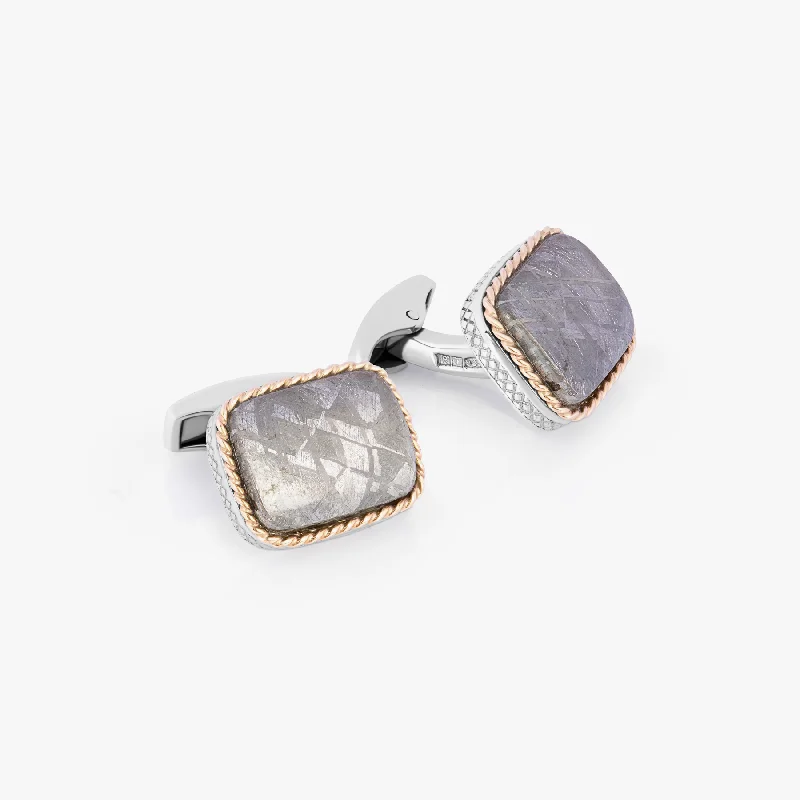 adjustable gold bracelets for women -Sterling Silver Meteorite Cufflinks With 18K Yellow Gold