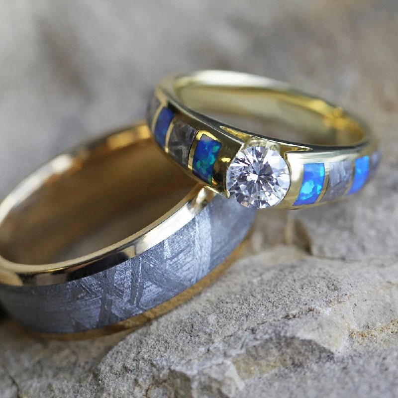 emerald rings for women -Diamond, Meteorite, and Opal Wedding Ring Set