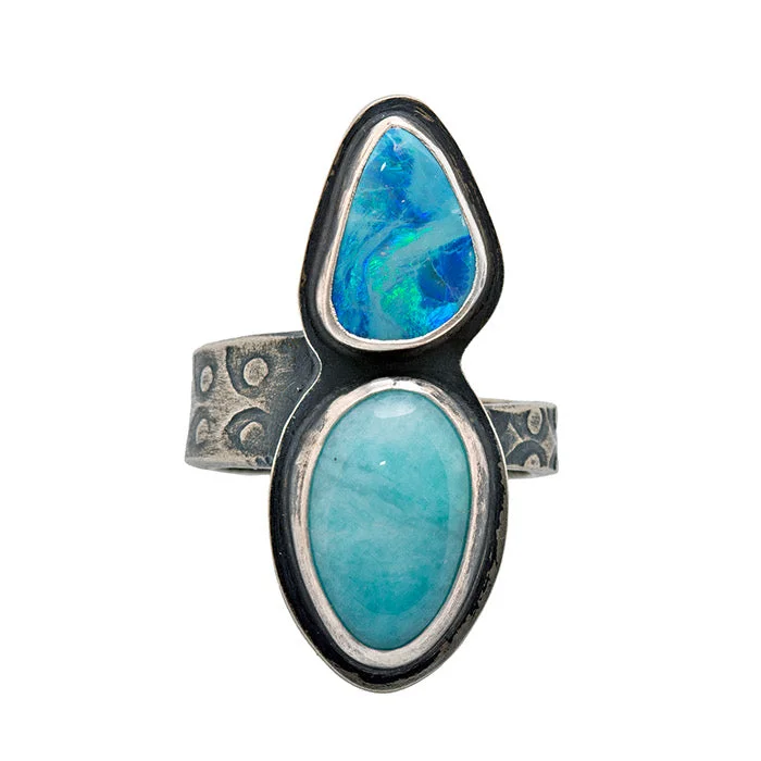 fancy rings for women -Amazonite and Lightening Ridge Opal Ring - size 7