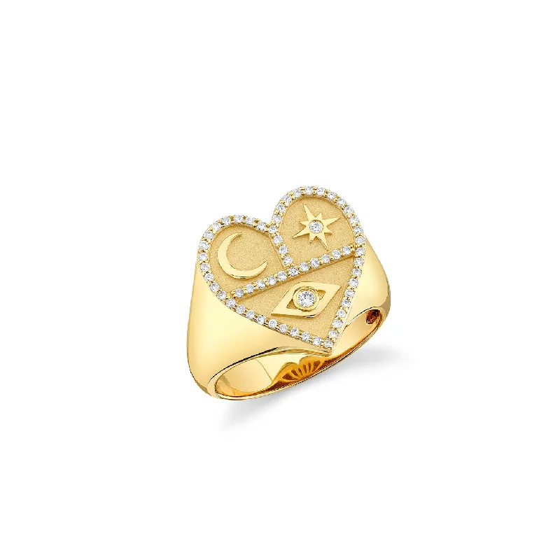 modern wedding rings -Gold & Diamond Heart Tricon Signet Ring