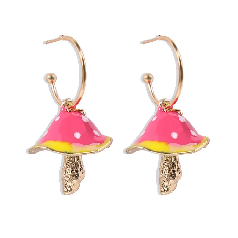 chic earrings for women -Colorful Mushroom Charm Hoop Earrings