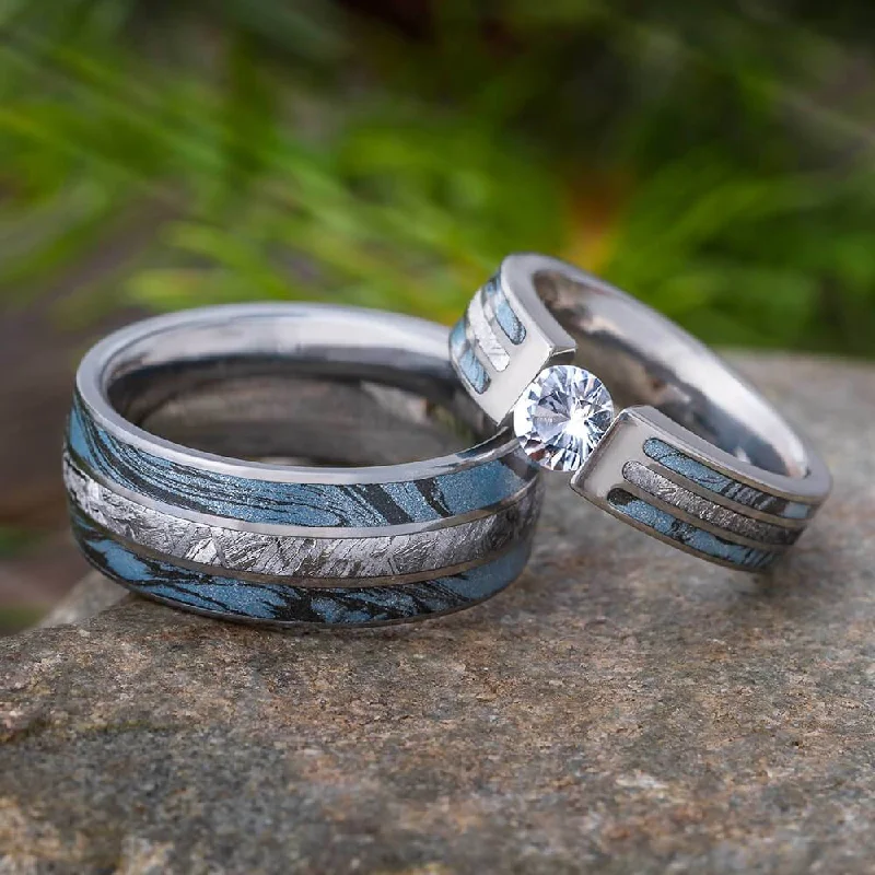 engagement rings for women -Blue Ring Set with Meteorite and Mokume Gane