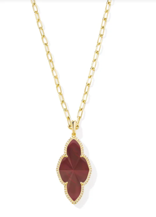 anniversary gift necklaces -Abbie Gold Plated Cranberry Illusion Pave Frame Large Long Pendant Necklace by Kendra Scott