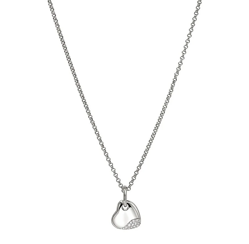 long necklaces for women -Silver 0.15cttw Diamond Pave Heart Pebble Pendant on 2mm Rolo Chain Necklace by John Hardy Sz 16-18