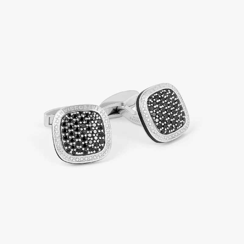 thick cuff bracelets -Signature Cufflinks in Rhodium Plated Silver and Black Spinel