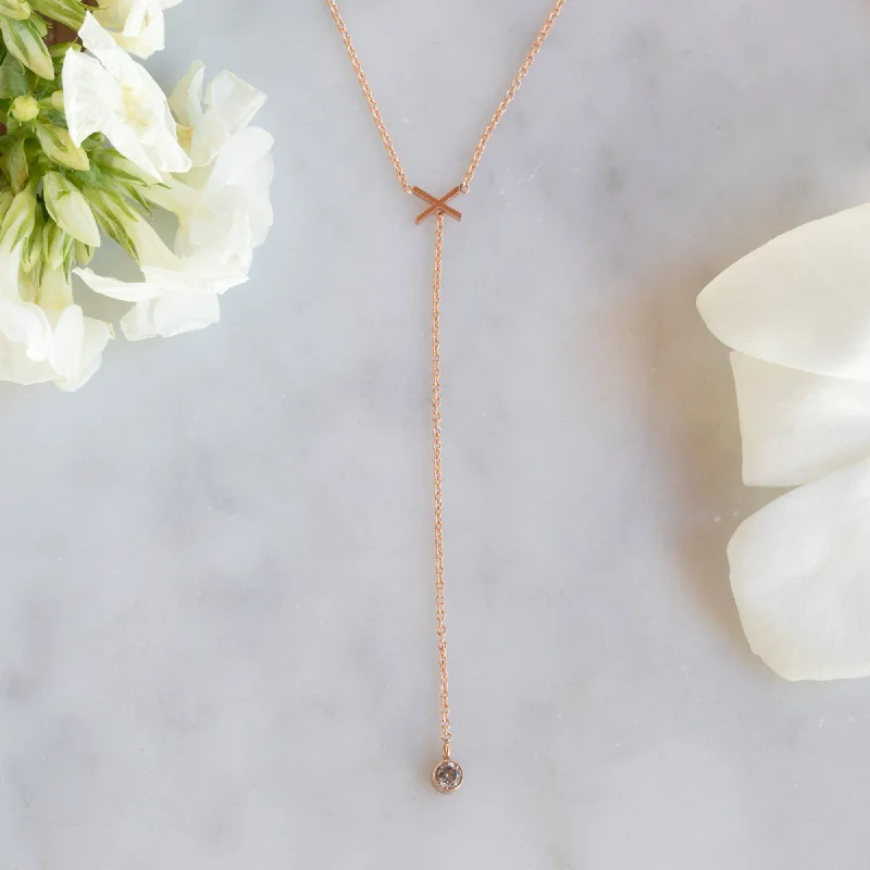 personalized engraved necklaces -The XO' Salt and Pepper Diamond Lariat Necklace | 14K Rose Gold