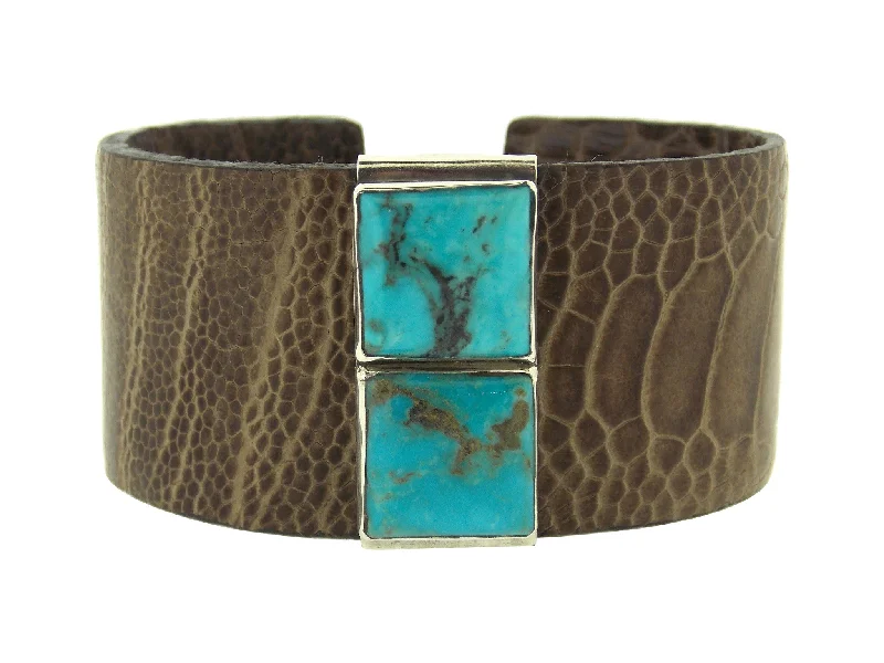 gemstone charm bracelets -Brown Ostrich & Turquoise Cuff