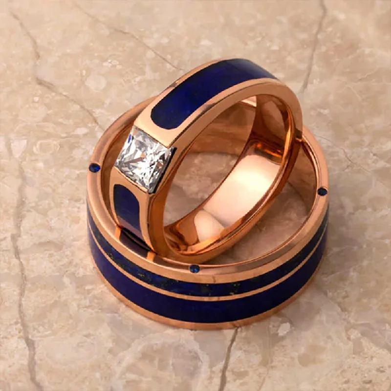 diamond rings for women -Unique Blue Couples Ring Set Featuring Lapis Lazuli