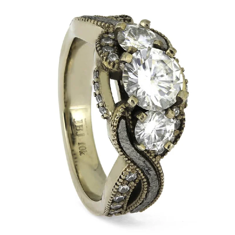 fine engagement rings -Meteorite Twist Ring with Glimmering Three Stone Setting