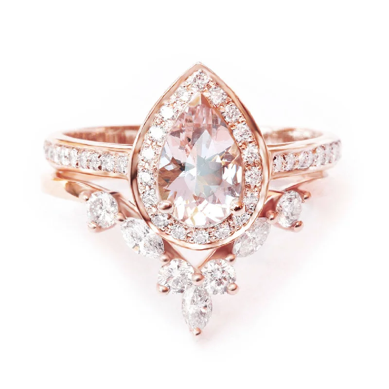 halo rings for women -Nia & Hermes - Pear Morganite & Diamond Halo Ceremonial Ring set