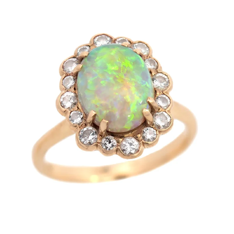 cute rings for women -Vintage 18k Opal and Diamond Halo Ring