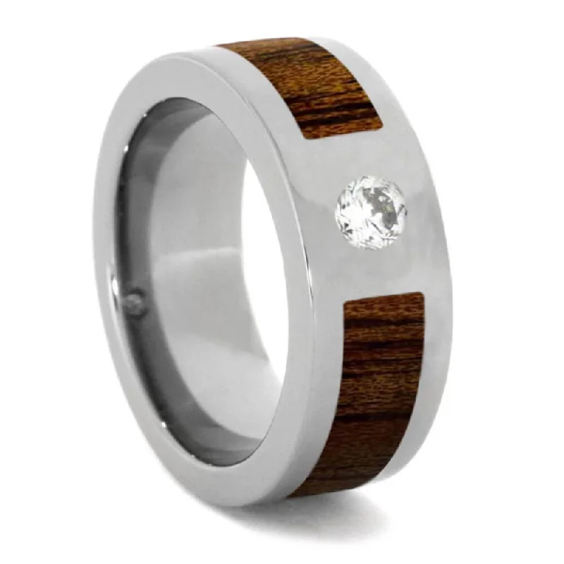 men’s style rings for women -Koa Wood Ring with Cubic Zirconia, 8mm Polished Finish-SI1517