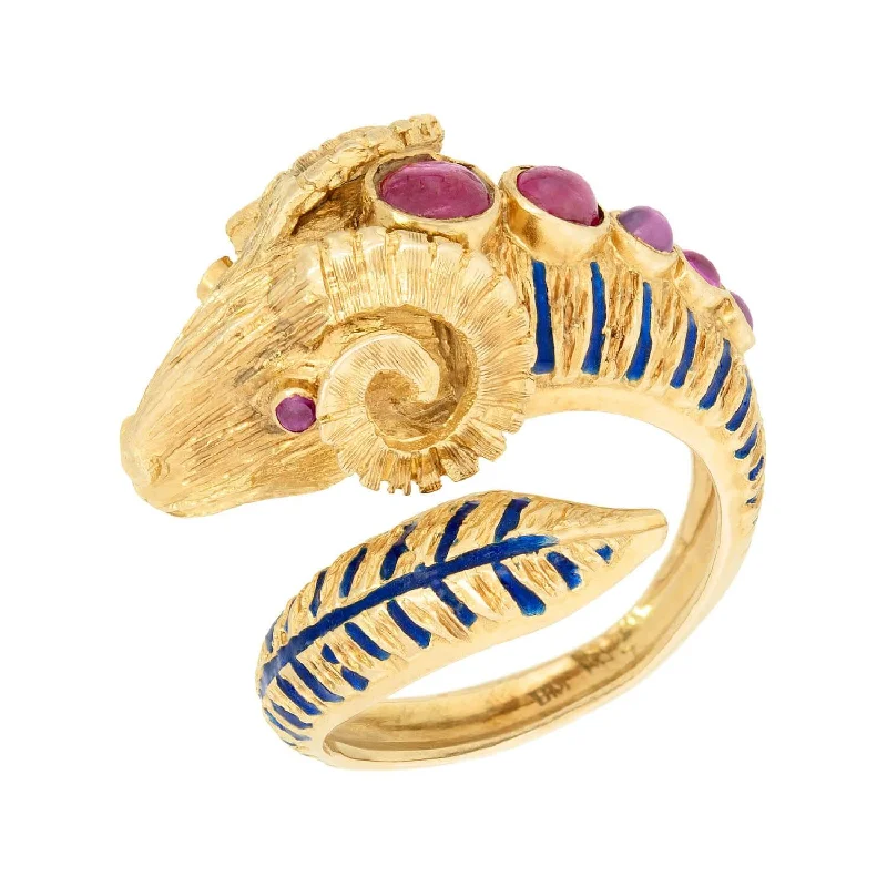 elegant rings for women -Estate Greek 18k Ruby and Enamel Ram's Head Ring