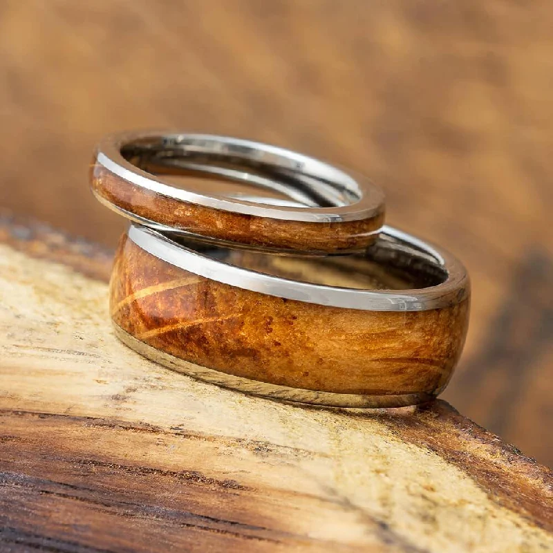 rose gold engagement rings -Whiskey Barrel Oak Wood His & Hers Titanium Rings