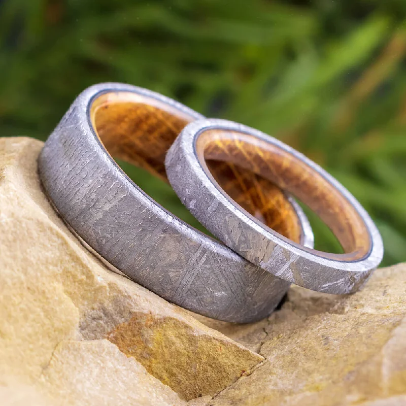 modern wedding rings -Authentic Meteorite and Whiskey Barrel Oak Wood Wedding Ring Set