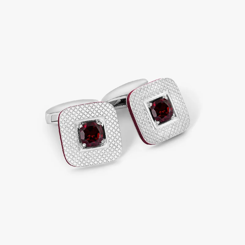 statement bangles for women -Refratto Cufflinks in Rhodium Plated Silver with Red Garnet