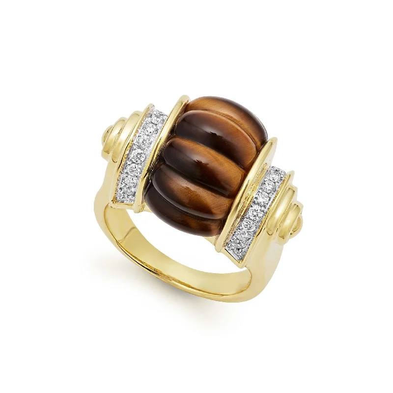 wedding rings for women -Studio 18K Gold and Diamond Tigerseye Fluted Ring